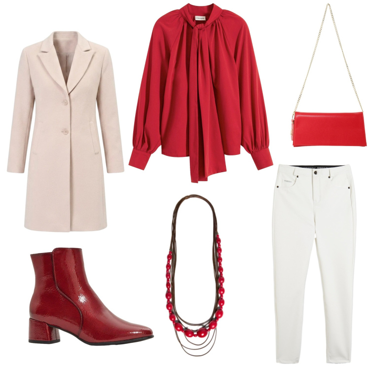 Outfit donna - Rosso Passione & Eleganza Neutra. Stile Glamour per Ufficio. Abbinamento con borse a tracolla, collane, pantaloni skinny, cappotti, stivaletti, camicie.