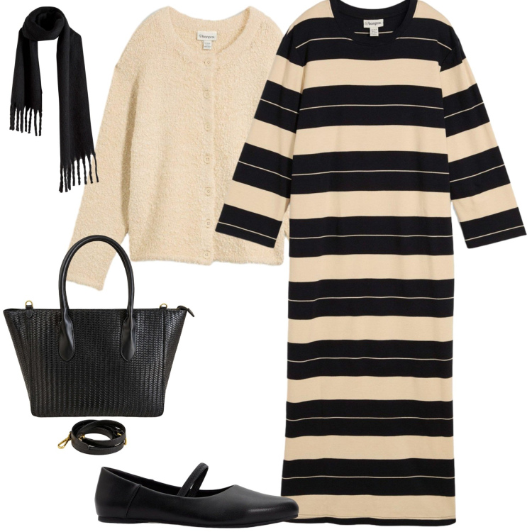 Outfit donna - Sunday branch. Stile Casual chic per Tutti i giorni. Abbinamento con shopping bag, ballerine, vestiti, sciarpe, cardigans.