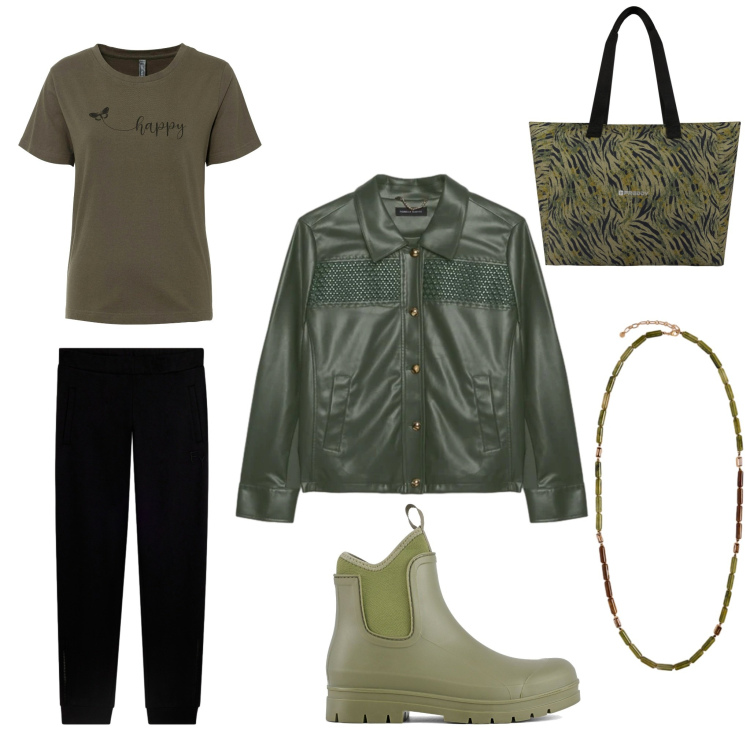 Outfit donna - Verde per le tue giornate di pioggia. per Tutti i giorni. Abbinamento con collane, blazer, shopping bag, pantaloni, stivali, t-shirt.