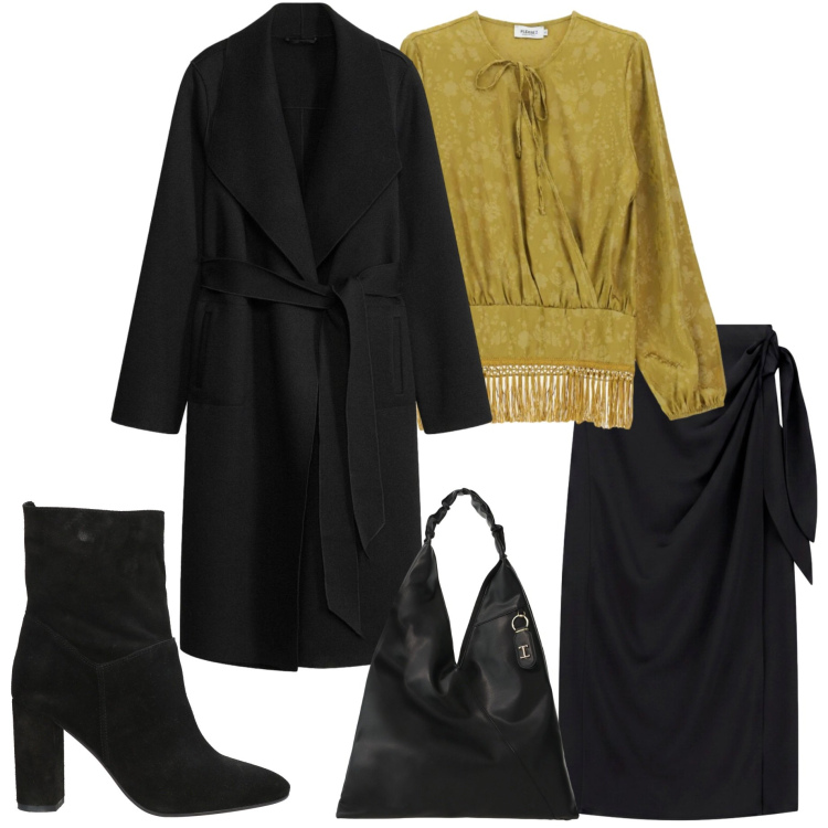 Outfit donna - Blusa giallo ocra. Stile Casual chic per Serata fuori. Abbinamento con gonne longuette, borse a spalla, bluse, stivaletti, cappotti.