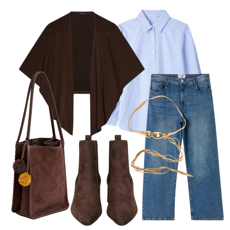 Outfit donna - Ottobre. Stile Trendy per Tutti i giorni. Abbinamento con blazer, stivaletti, anelli, borse a spalla, camicie, jeans.