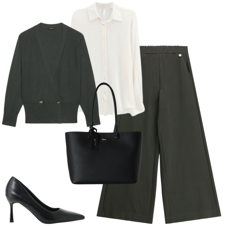 Outfit donna - Ottobre. Stile Urban per Tutti i giorni. Abbinamento con shopping bag, pantaloni a palazzo, décolleté, camicie, cardigans.