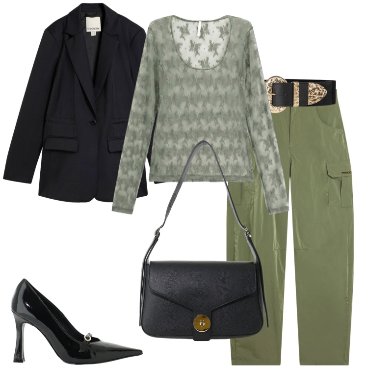 Outfit donna - Cargo Pants. Stile Casual chic per Tutti i giorni. Abbinamento con top, décolleté, borse a spalla, pantaloni cargo, cinture, blazer.
