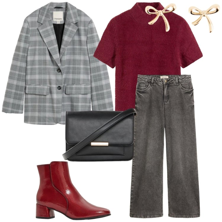 Outfit donna - La giacca a quadri. per Tutti i giorni. Abbinamento con stivaletti, maglieria, jeans, blazer, orecchini, borse a tracolla.