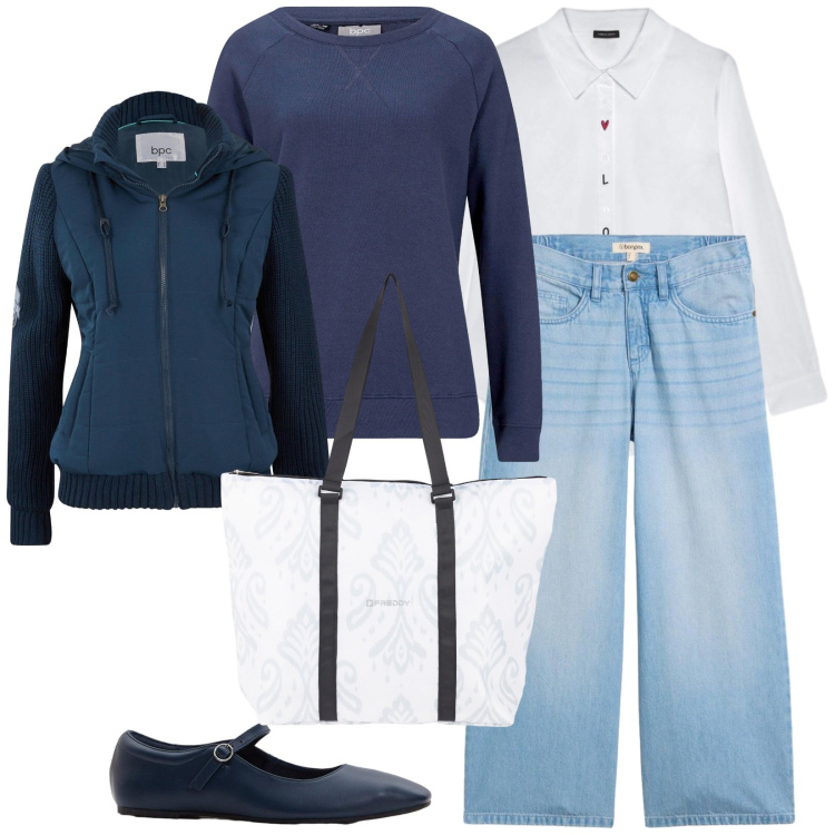 Outfit donna - Spesa al mercato. per Tutti i giorni. Abbinamento con camicie, shopping bag, blazer, felpe, ballerine, jeans.
