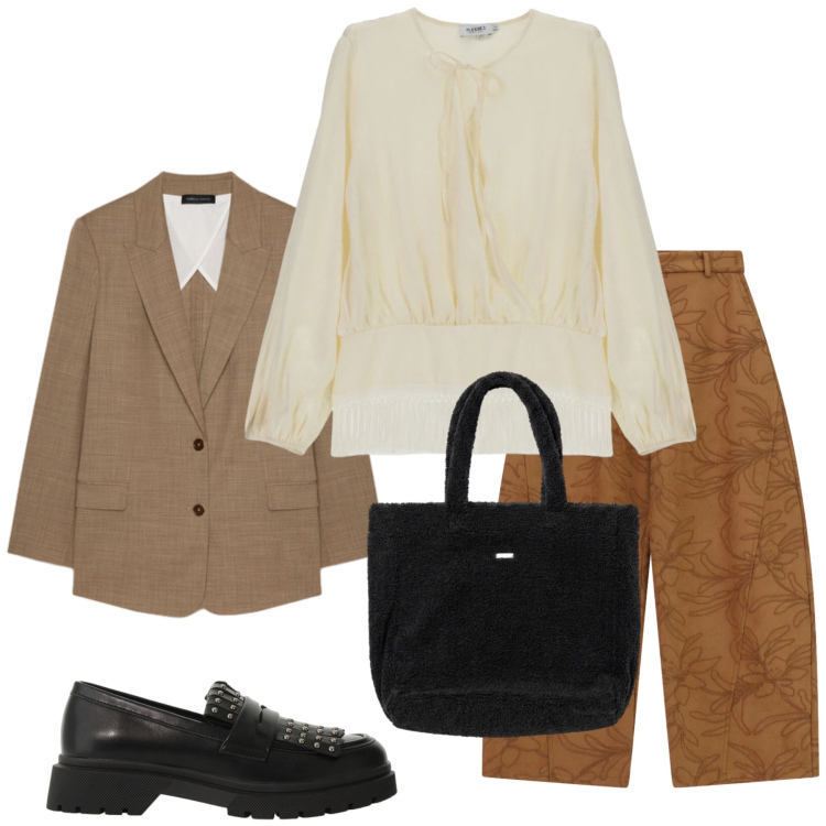 Outfit donna - Sfumature Ruggine e Cammello. Stile Casual chic per Tutti i giorni. Abbinamento con pantaloni, mocassini, blazer, bluse, borse a mano.
