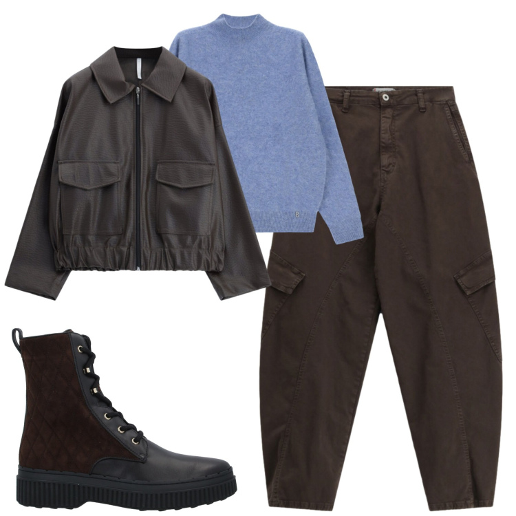 Outfit donna - City. Stile Urban per Tutti i giorni. Abbinamento con bomber, pullovers, pantaloni cargo, stivaletti.