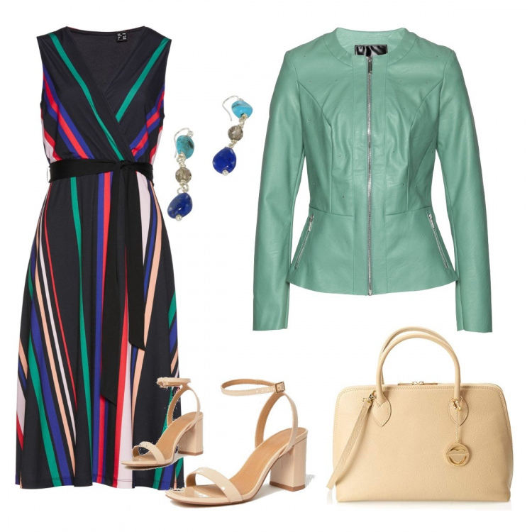 Outfit donna - Bon Ton #3307. Stile Bon Ton per Serata fuori. Abbinamento con vestiti, giacca con zip in pelle sintetica verde, sandali con tacco largo beige e nudo, borsa a mano beige, orecchini in sterling 925 argento.
