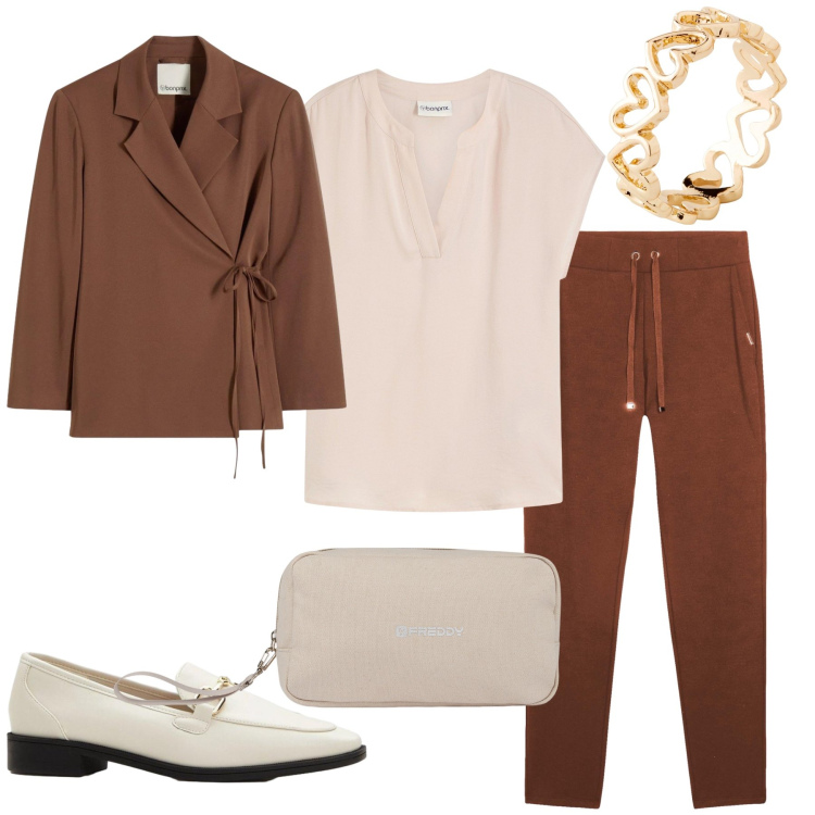 Outfit donna - Sfumature Ruggine e Cammello. Stile Casual chic per Tutti i giorni. Abbinamento con pantaloni, valigie, mocassini, blazer, anelli, bluse.