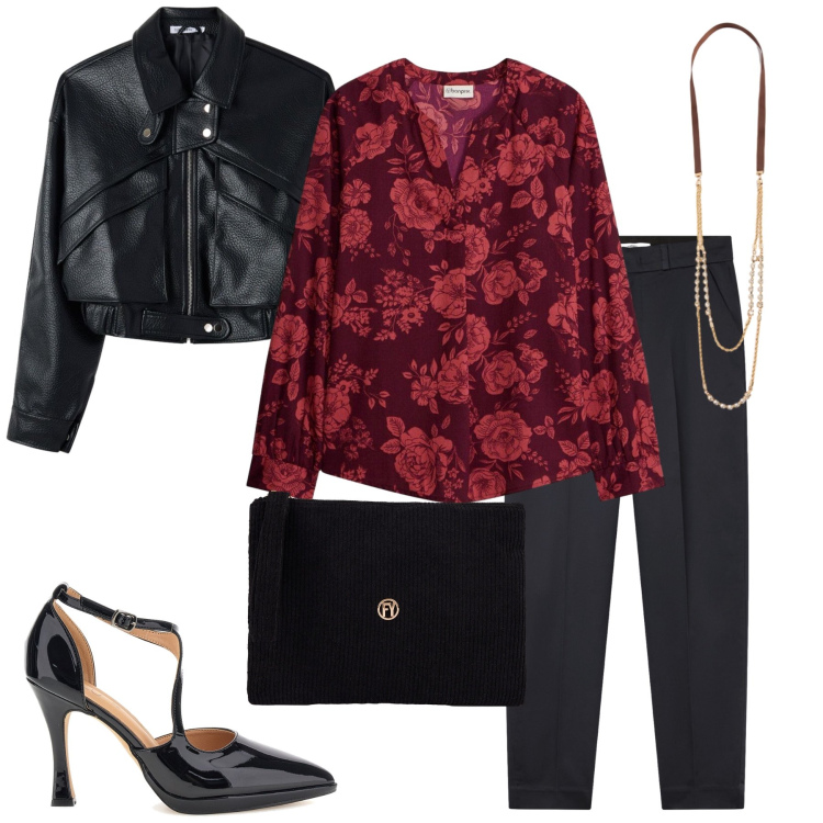 Outfit donna - Aperitivo Glam. Stile Chic per Serata fuori. Abbinamento con collane, pochette, bomber, pantaloni chino, décolleté, bluse.