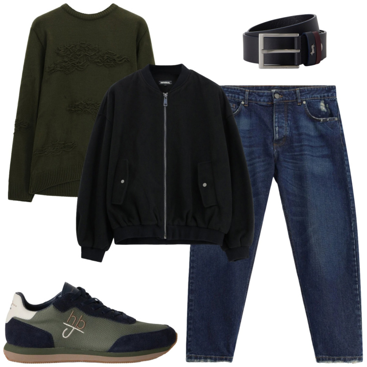 Outfit uomo - Total look #2496136. Stile Urban per Tutti i giorni. Abbinamento con cinture, sneakers, jeans, maglieria, bomber.