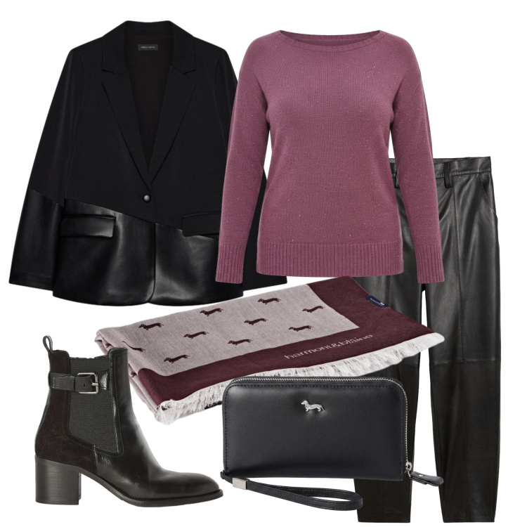 Outfit donna - Ottobre. Stile Trendy per Tutti i giorni. Abbinamento con portafogli, sciarpe, stivaletti, blazer, maglieria, pantaloni.