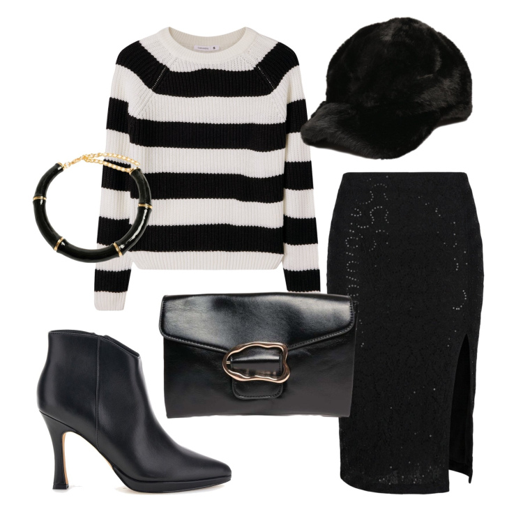 Outfit donna - Ottobre. Stile Trendy per Tutti i giorni. Abbinamento con gonne longuette, clutch, collane, cappelli, maglieria, stivaletti.