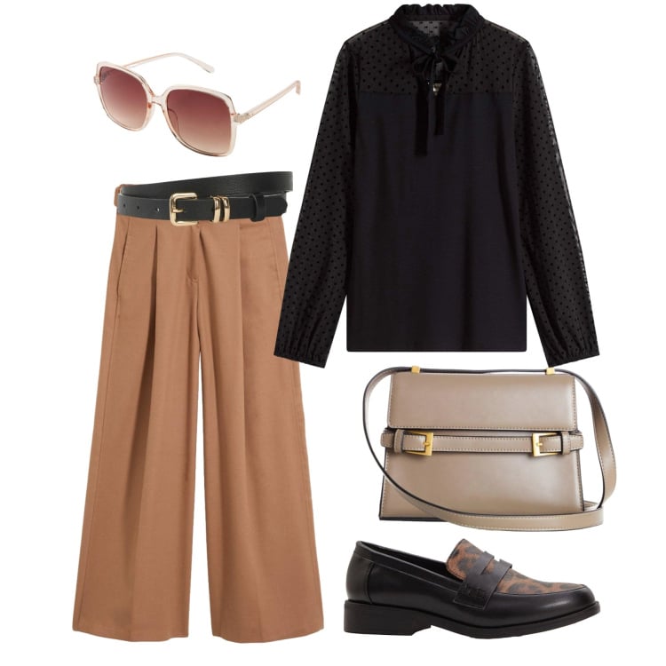 Outfit donna - Black and brown. Stile Casual chic per Ufficio. Abbinamento con mocassini, pantaloni, cinture, occhiali da sole, borse a tracolla, bluse.