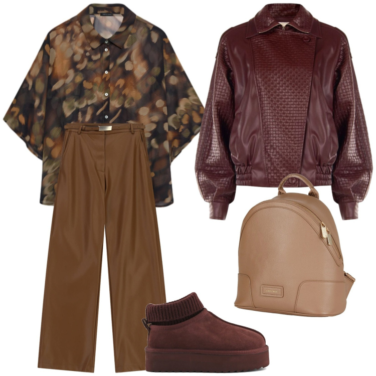 Outfit donna - Autunnale. Stile Trendy per Tutti i giorni. Abbinamento con pantaloni, camicie a manica corta, giacche, zaini, sabot.
