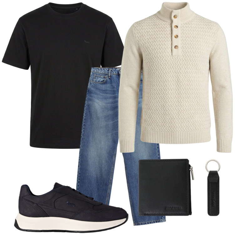 Outfit uomo - Total look #2496155. Stile Trendy per Tutti i giorni. Abbinamento con sneakers, t-shirt, pullovers, jeans, portafogli.