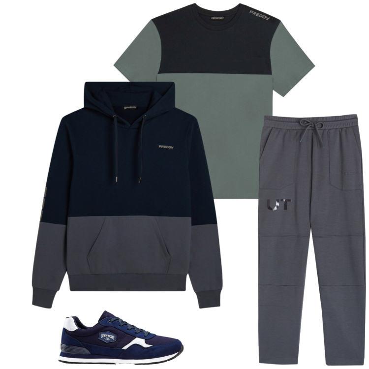 Outfit uomo - Total look #2496158. Stile Urban per Sport. Abbinamento con pantaloni, felpe con cappuccio, t-shirt, sneakers.