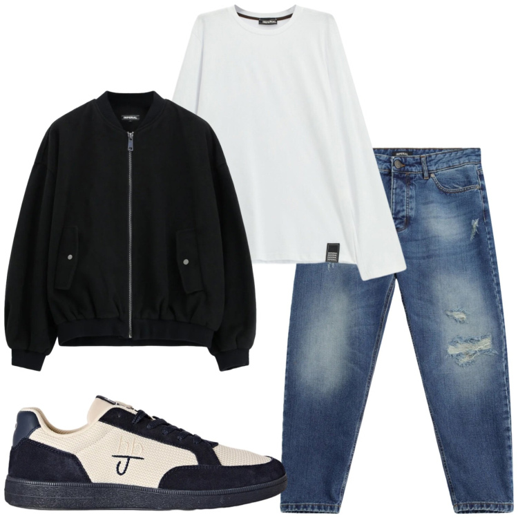 Outfit uomo - Total look #2496161. Stile Casual per Tutti i giorni. Abbinamento con sneakers, jeans strappati, t-shirt, bomber.