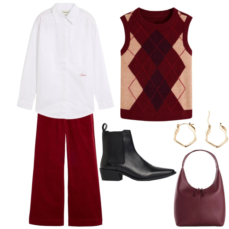 Outfit donna - Losanghe bordeaux. Stile Basic per Tutti i giorni. Abbinamento con orecchini, camicie, maglieria, stivaletti, borse a mano, pantaloni.