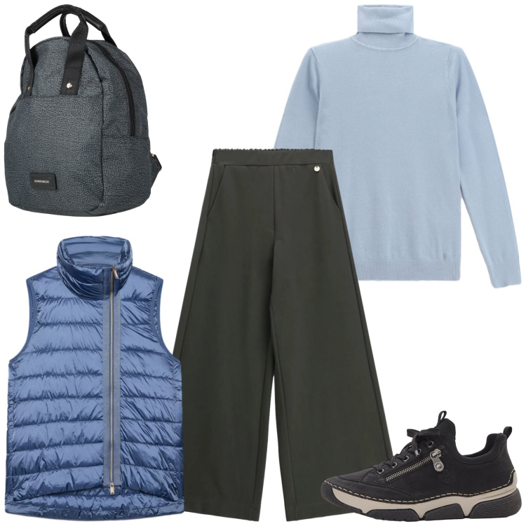 Outfit donna - Total look #2496165. Stile Casual per Tutti i giorni. Abbinamento con pantaloni a palazzo, piumini, t-shirt, zaini, sneakers.