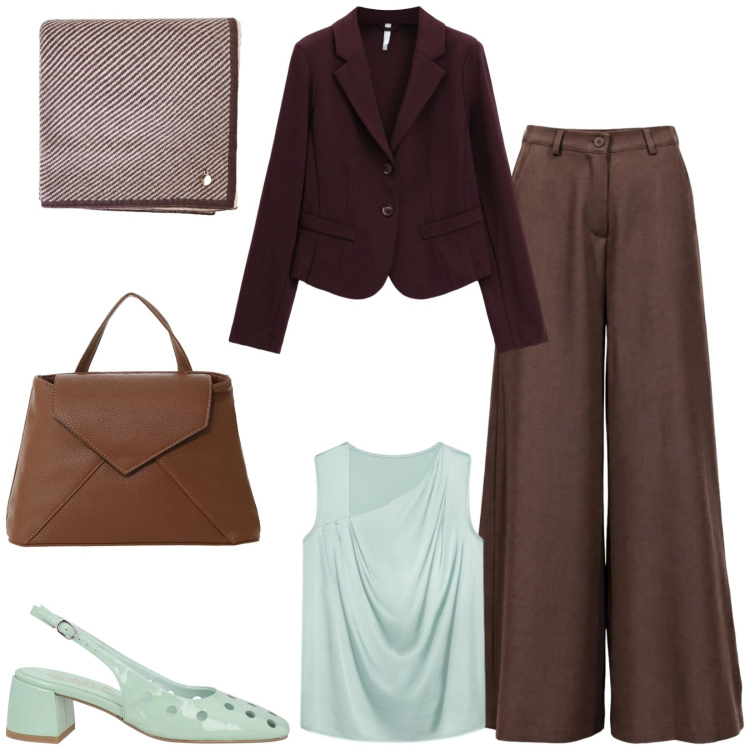 Outfit donna - Total look #2496178. Stile Chic per Ufficio. Abbinamento con pantaloni a palazzo, blazer, borse a mano, bluse, sciarpe, décolleté.