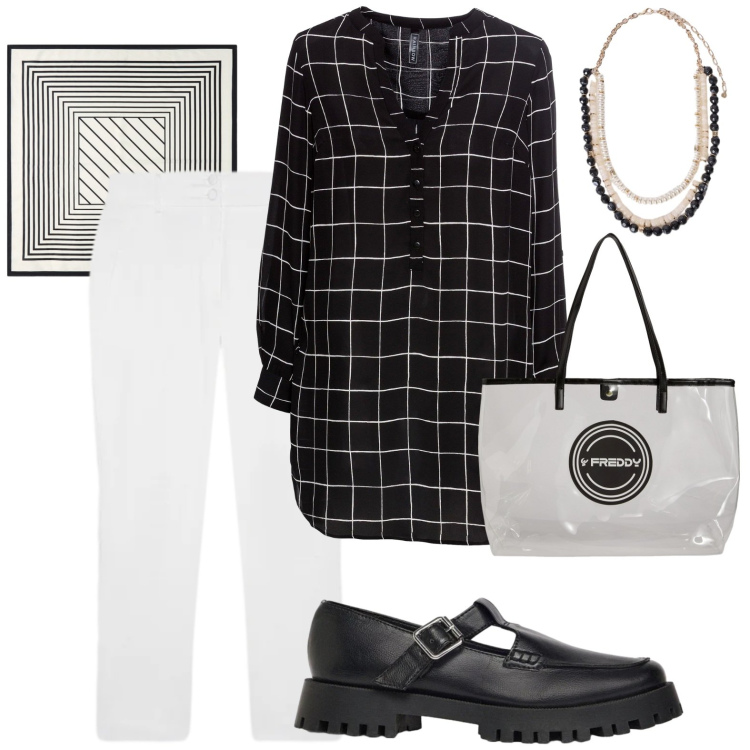 Outfit donna - Casual. Stile Casual per Tutti i giorni. Abbinamento con pantaloni, collane, foulard, shopping bag, bluse, mocassini.