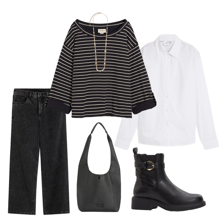 Outfit donna - Felpa a righe. Stile Basic per Tutti i giorni. Abbinamento con collane, borse a spalla, jeans, camicie, stivaletti, felpe.
