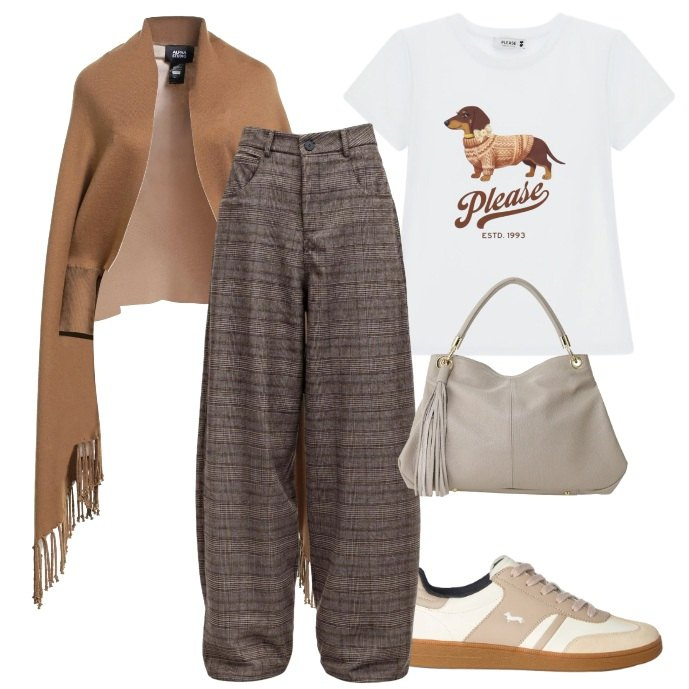 Outfit donna - Autumn leaves. Stile Casual chic Abbinamento con pantaloni, sneakers, borse a spalla, t-shirt, cappe.