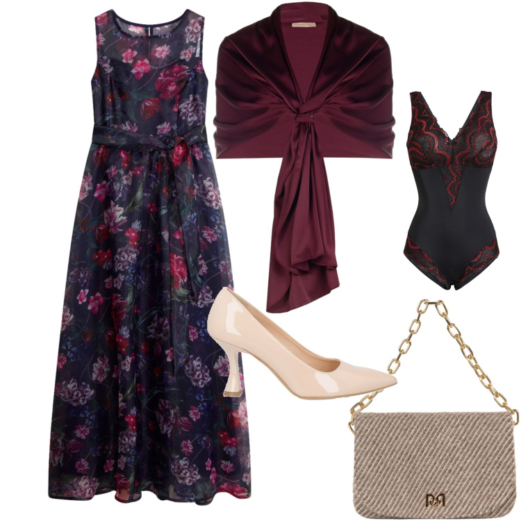 Outfit donna - Romantico autunno. Stile Romantica per Serata fuori. Abbinamento con stole, borse a spalla, décolleté, vestiti lunghi, body.