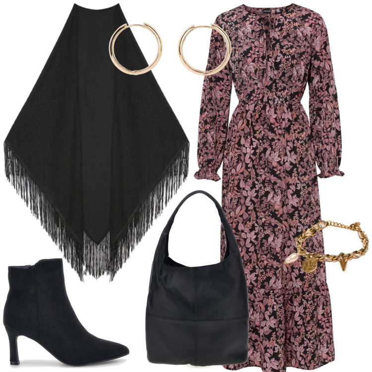 Outfit donna - Total look #2496202. Stile Boho per Tutti i giorni. Abbinamento con foulard, braccialetti, vestiti lunghi, orecchini, stivaletti, borse a spalla.