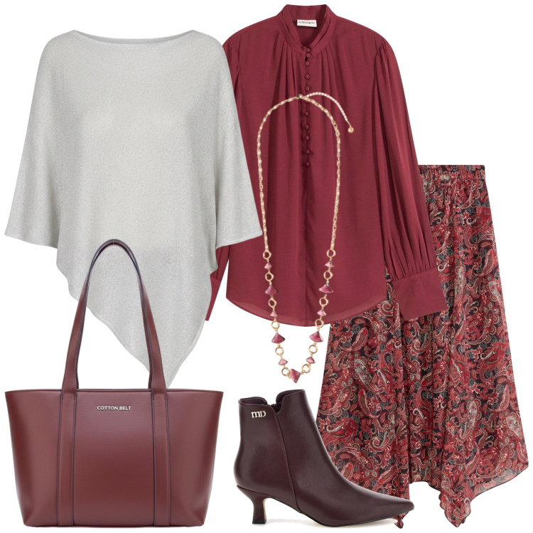 Outfit donna - Total look #2496203. Stile Boho per Tutti i giorni. Abbinamento con collane, cappotti, gonne lunghe, stivaletti, bluse, shopping bag.