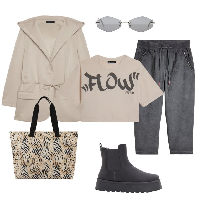 Outfit donna - In libertà. Stile Casual per Tutti i giorni. Abbinamento con occhiali da sole, felpe con cappuccio, shopping bag, t-shirt, pantaloni capri, stivaletti.