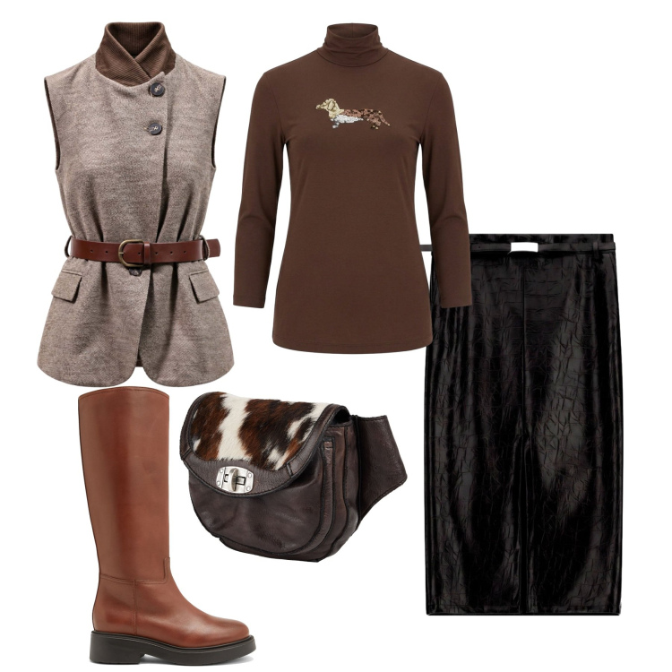 Outfit donna - Al caldo. Stile Bon Ton per Tutti i giorni. Abbinamento con gilet, t-shirt, gonne longuette, stivali, marsupi.