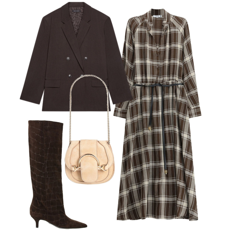 Outfit donna - Caffè. Stile Bon Ton per Ufficio. Abbinamento con stivali, blazer, vestiti lunghi, marsupi.