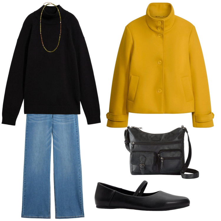 Outfit donna - Giacca ocra d'autunno. Stile Basic per Tutti i giorni. Abbinamento con collane, blazer, pullovers, jeans, borse a tracolla, ballerine.