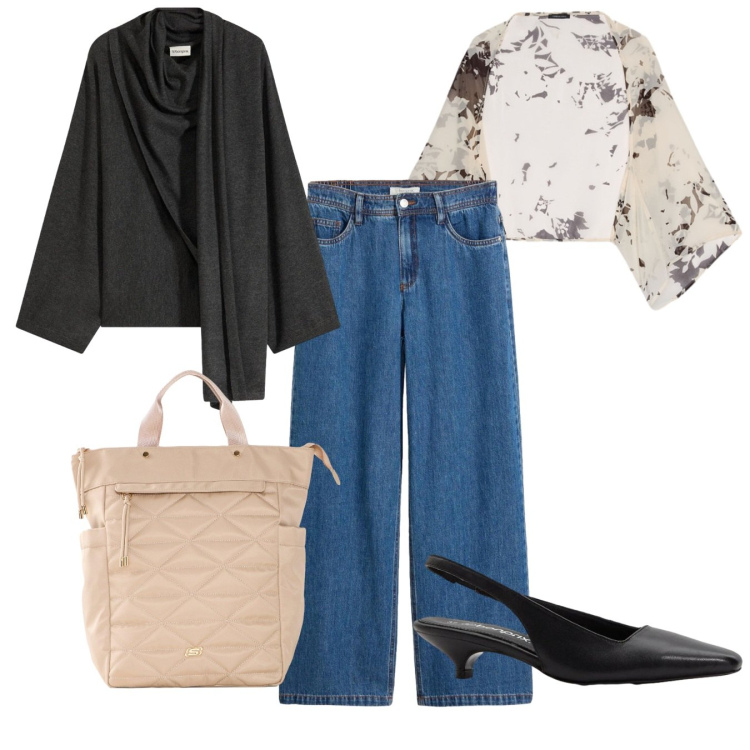 Outfit donna - Chic in jeans. Stile Chic per Tutti i giorni. Abbinamento con bolero, décolleté, zaini, jeans, maglieria.