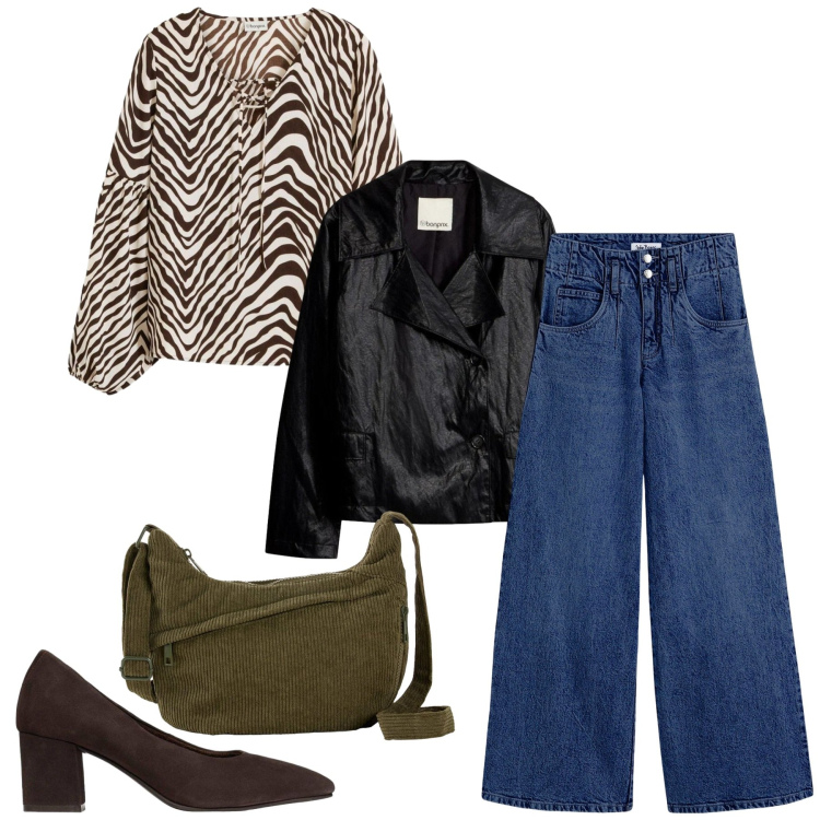 Outfit donna - Zebrata. Stile Casual chic per Tutti i giorni. Abbinamento con bluse, jeans, borse a tracolla, décolleté, blazer.