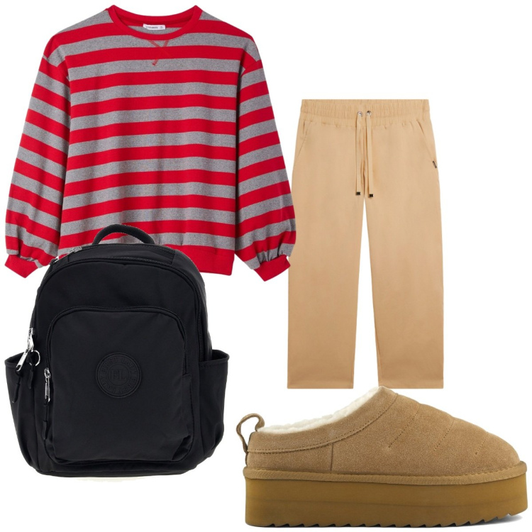Outfit donna - Pop of Red Donna Curvy. Stile Sporty chic per Tutti i giorni. Abbinamento con pantaloni, t-shirt, sabot, zaini.