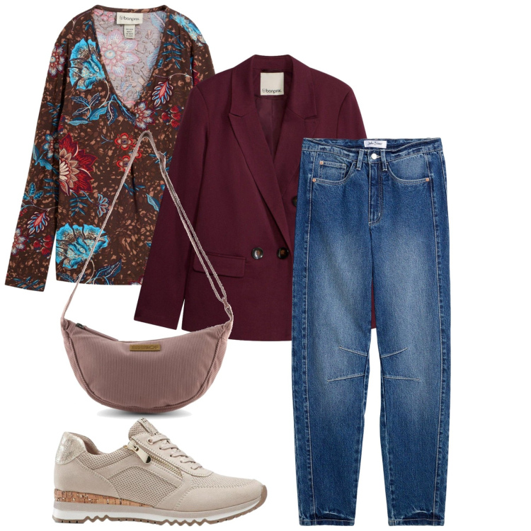 Outfit donna - Praticamente. Stile Casual chic per Tutti i giorni. Abbinamento con bluse, jeans mom, blazer, borse a tracolla, sneakers.
