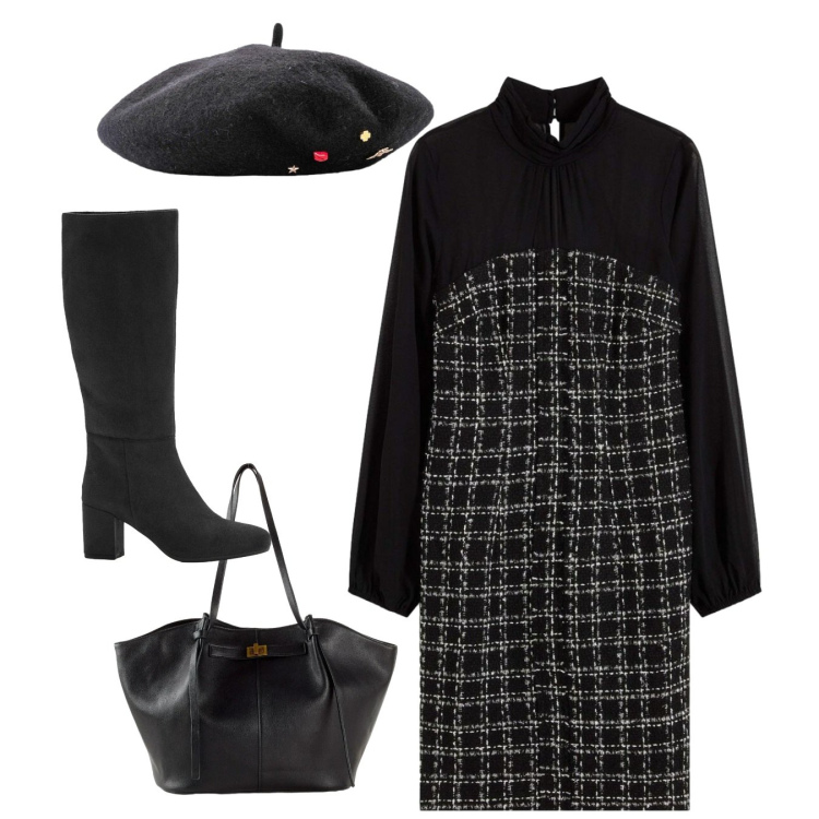 Outfit donna - Total black. Stile Bon Ton per Tutti i giorni. Abbinamento con vestiti corti, cappelli e berretti, shopping bag, stivali.