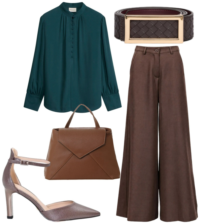 Outfit donna - Petrolio e cacao. Stile Chic per Serata fuori. Abbinamento con pantaloni a palazzo, borse a mano, cinture, décolleté, bluse.