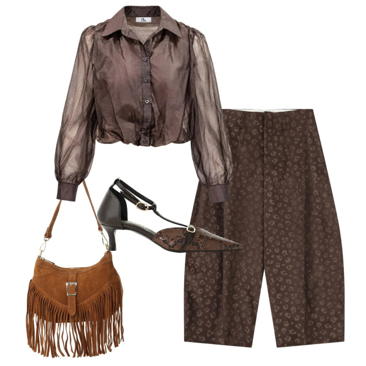 Outfit donna - Serata fuori. Stile Chic per Serata fuori. Abbinamento con camicie, décolleté, borse a spalla, pantaloni.