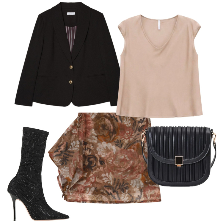 Outfit donna - Una gonna svolazzante. Stile Chic per Serata fuori. Abbinamento con t-shirt, blazer, minigonne, borse a tracolla, stivali.