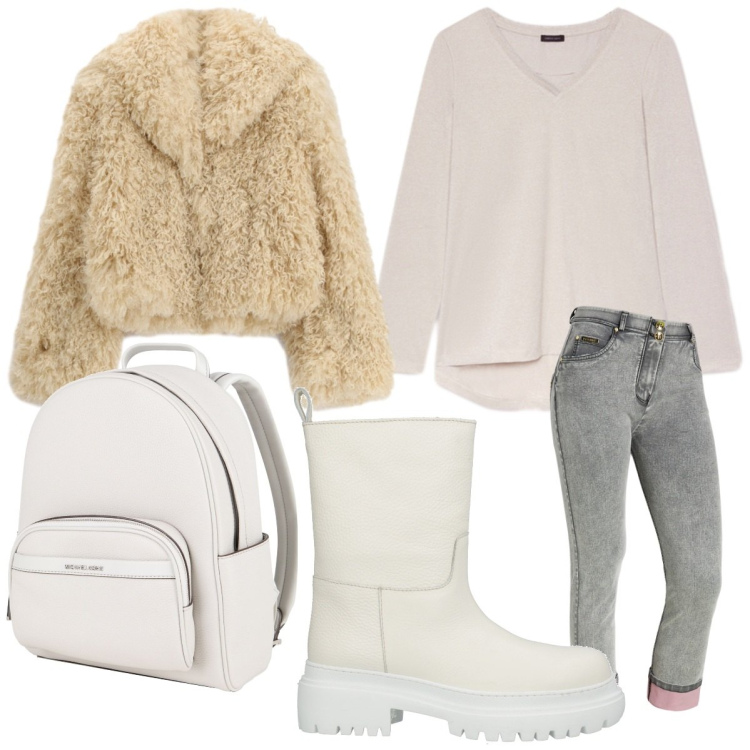 Outfit donna - Cena romantica d'autunno. Stile Casual chic per Serata fuori. Abbinamento con t-shirt, jeans dritti, ecopellicce, zaini, stivaletti.
