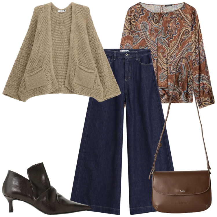 Outfit donna - Molto chic. Stile Casual chic per Ufficio. Abbinamento con borse a tracolla, bluse, stivaletti, jeans, cardigans.
