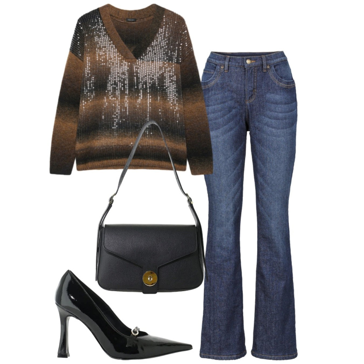 Outfit donna - Lamè per la sera. Stile Casual chic per Tutti i giorni. Abbinamento con décolleté, borse a spalla, maglieria, jeans bootcut.