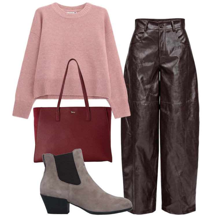 Outfit donna - In ecopelle. Stile Bon Ton per Ufficio. Abbinamento con pantaloni a palazzo, shopping bag, maglieria, stivaletti chelsea.