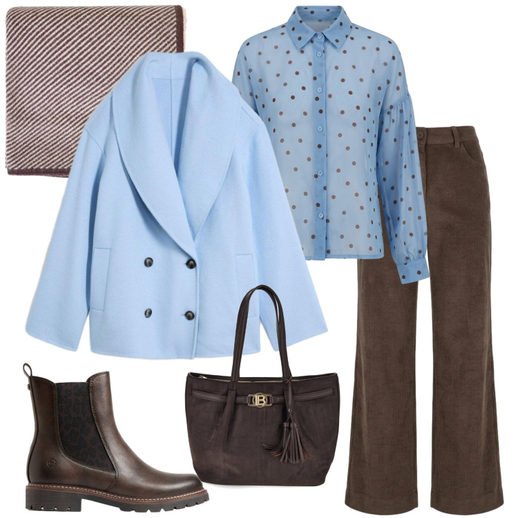 Outfit donna - Sunday branch. Stile Casual chic per Tutti i giorni. Abbinamento con sciarpe, camicie, pantaloni a palazzo, caban, stivaletti chelsea, shopping bag.