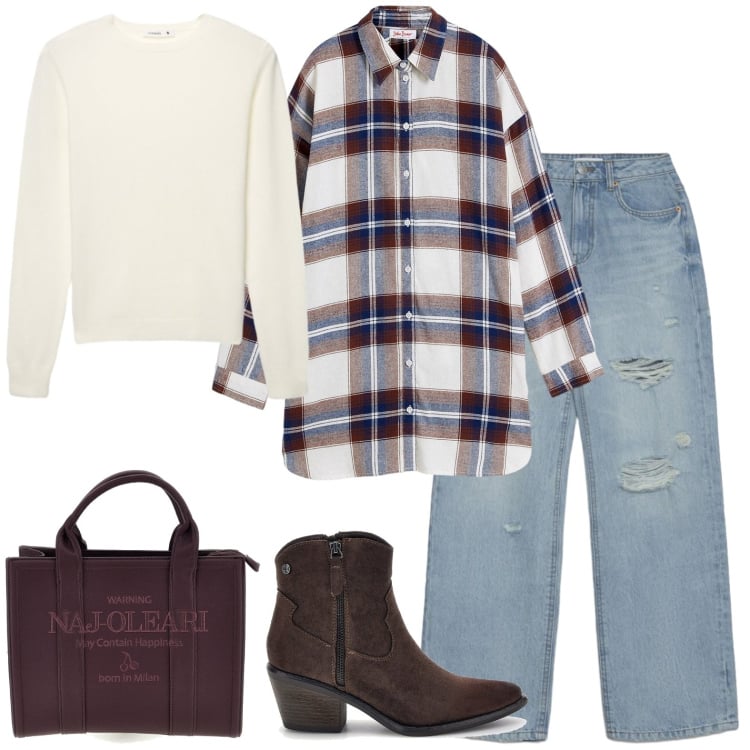 Outfit donna - Camicia a quadri e jeans. Stile Casual chic per Tutti i giorni. Abbinamento con maglieria, jeans strappati, borse a mano, camicie, stivaletti texani.