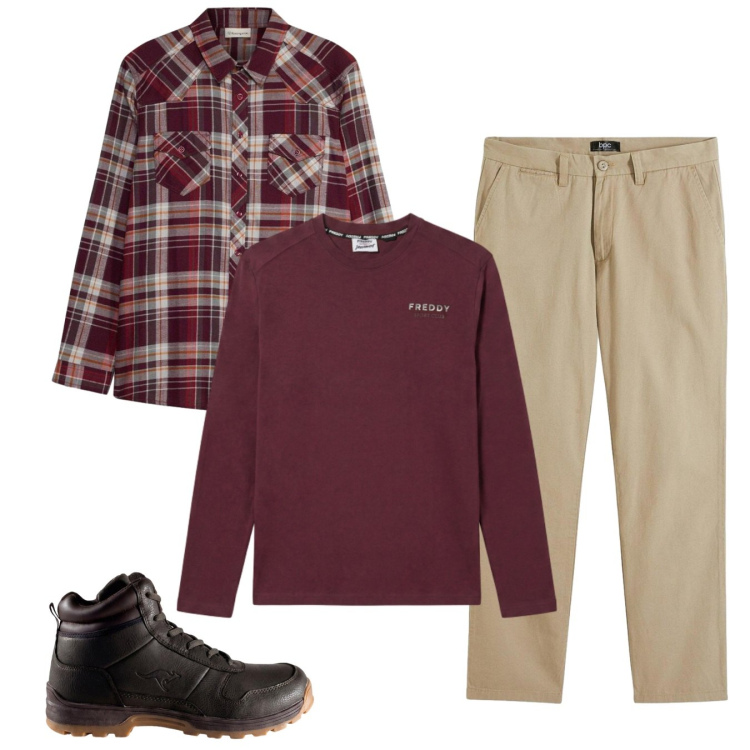 Outfit uomo - Total look #2496270. Stile Casual per Tutti i giorni. Abbinamento con t-shirt, pantaloni chino, camicie, stivali e stivaletti.